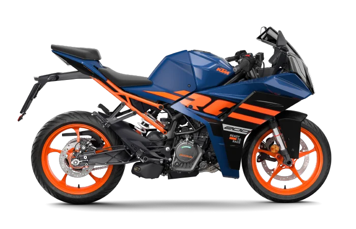 KTM RC 200 Blue cornering on twisty road